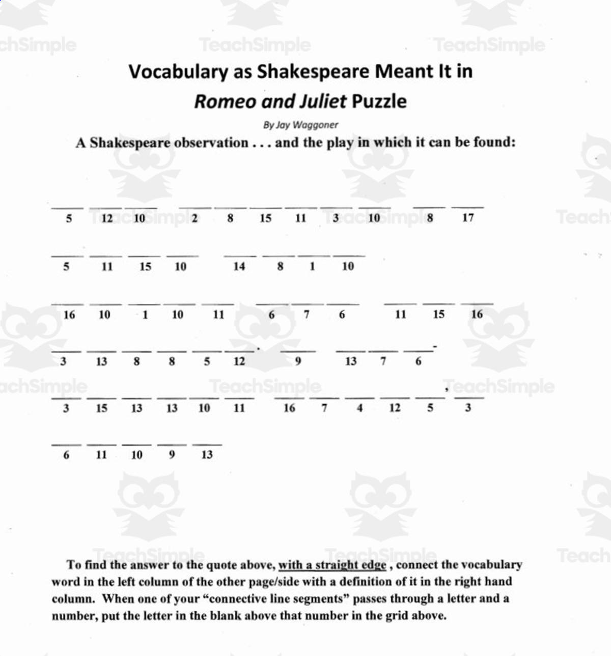 An educational teaching resource from Jay Waggoner entitled Vocabulary Oportunity: Romeo and Juliet downloadable at Teach Simple.
