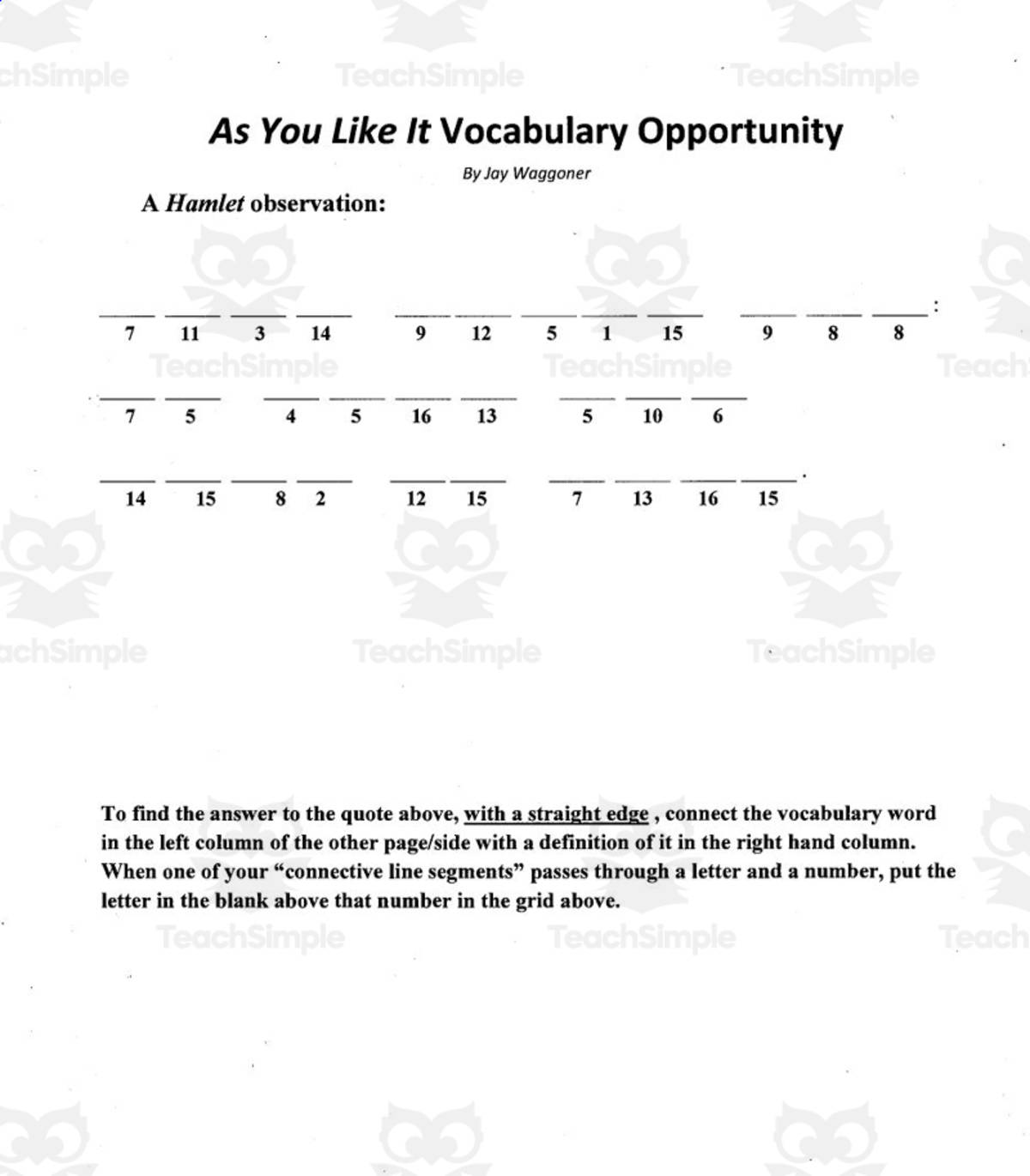 An educational teaching resource from Jay Waggoner entitled Vocabulary Opportunity: As You Like It downloadable at Teach Simple.