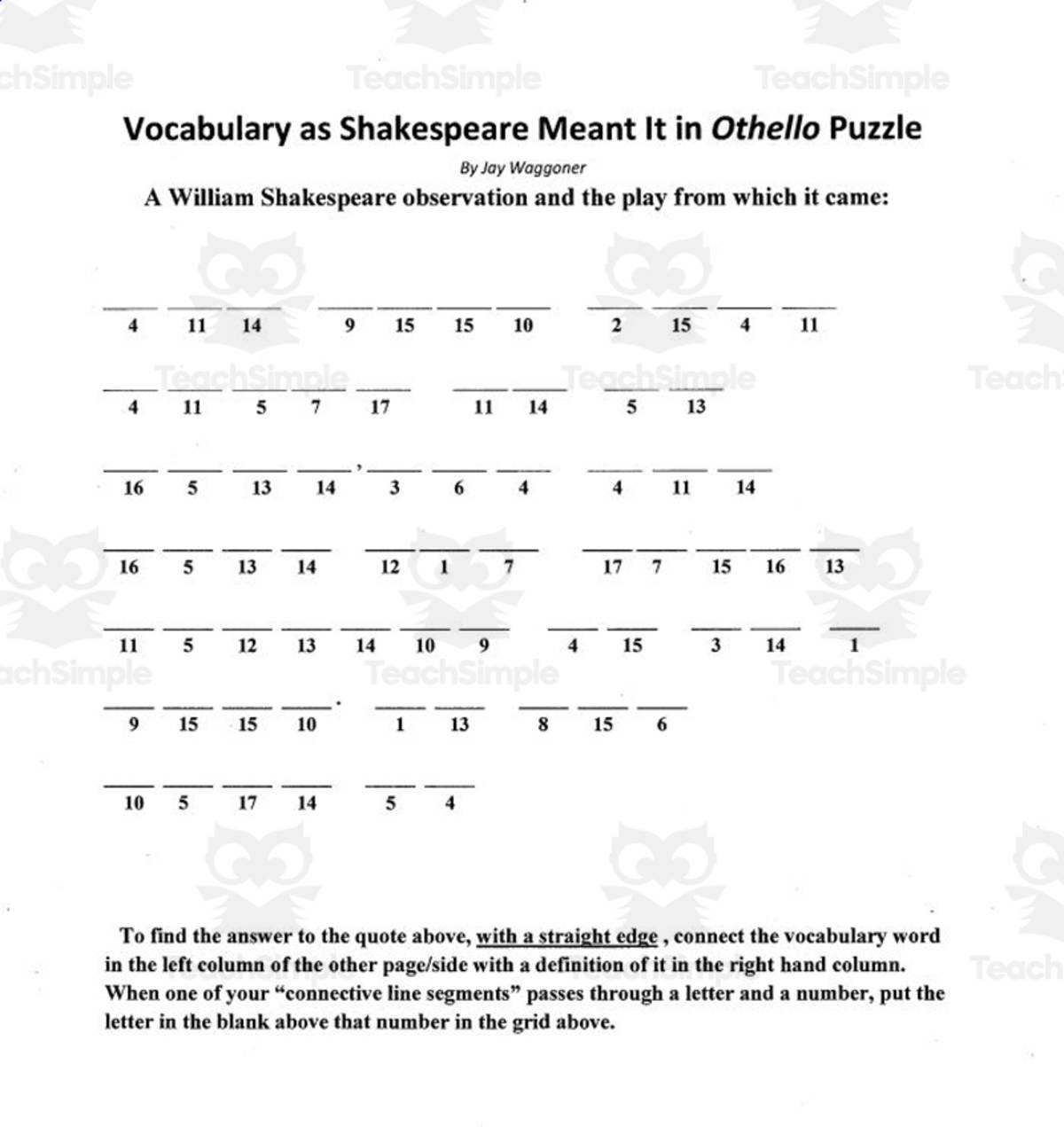 An educational teaching resource from Jay Waggoner entitled Vocabulary Opportunity: Othello downloadable at Teach Simple.