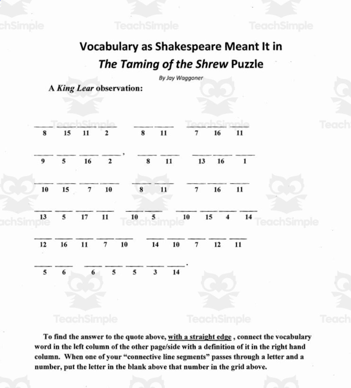 An educational teaching resource from Jay Waggoner entitled Vocabulary Opportunity: Taming of the Shrew downloadable at Teach Simple.
