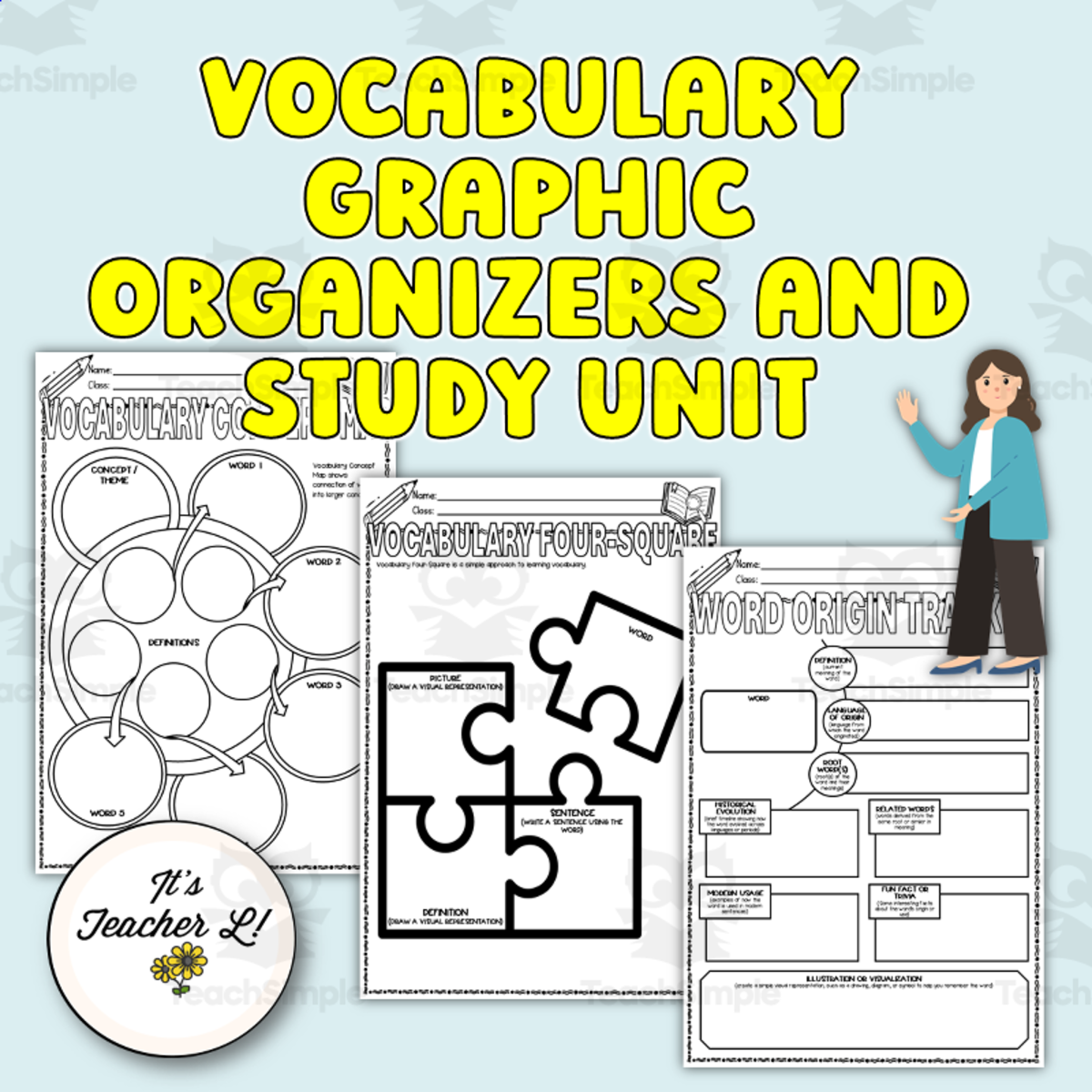 An educational teaching resource from It's Teacher L entitled Vocabulary Templates Graphic Organizers and Study Unit Gr 6 7 8 ELA downloadable at Teach Simple.