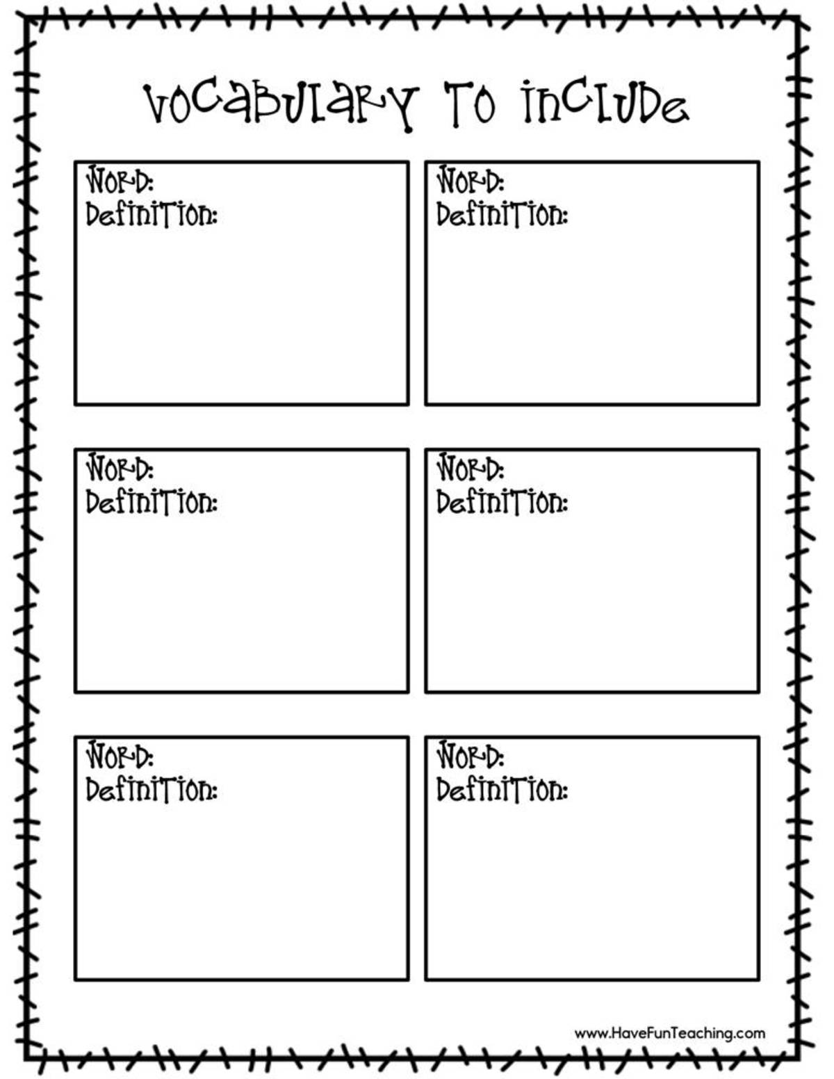 An educational teaching resource from Have Fun Teaching entitled Vocabulary to Include in Your Story Worksheet downloadable at Teach Simple.