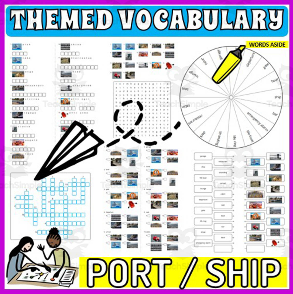An educational teaching resource from WORDS ASIDE entitled Vocabulary with Cards | Crossword Wordsearch Anagram PORT SHIP downloadable at Teach Simple.