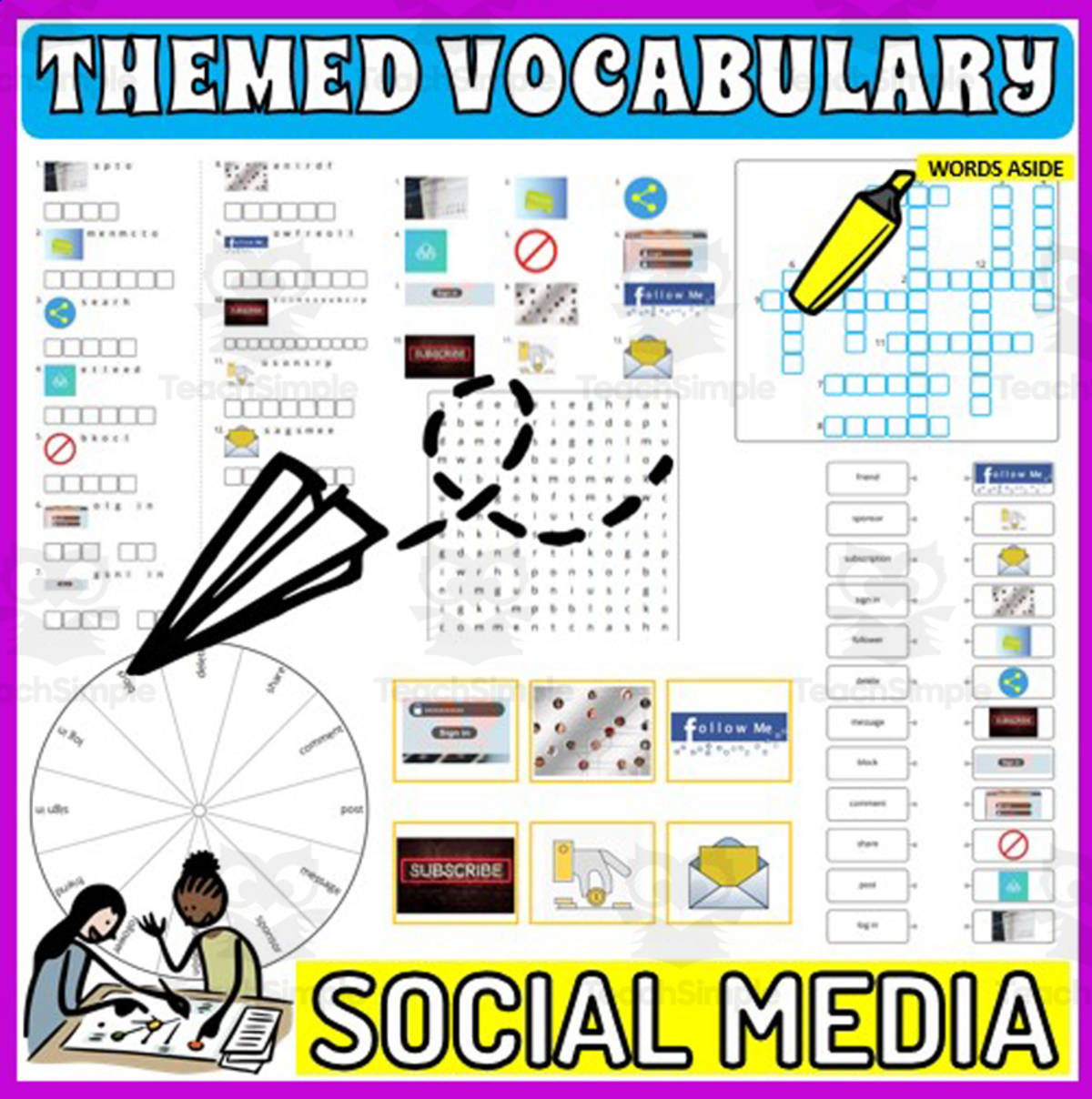 An educational teaching resource from WORDS ASIDE entitled Vocabulary with Cards | Crossword Wordsearch Anagram SOCIAL MEDIA downloadable at Teach Simple.