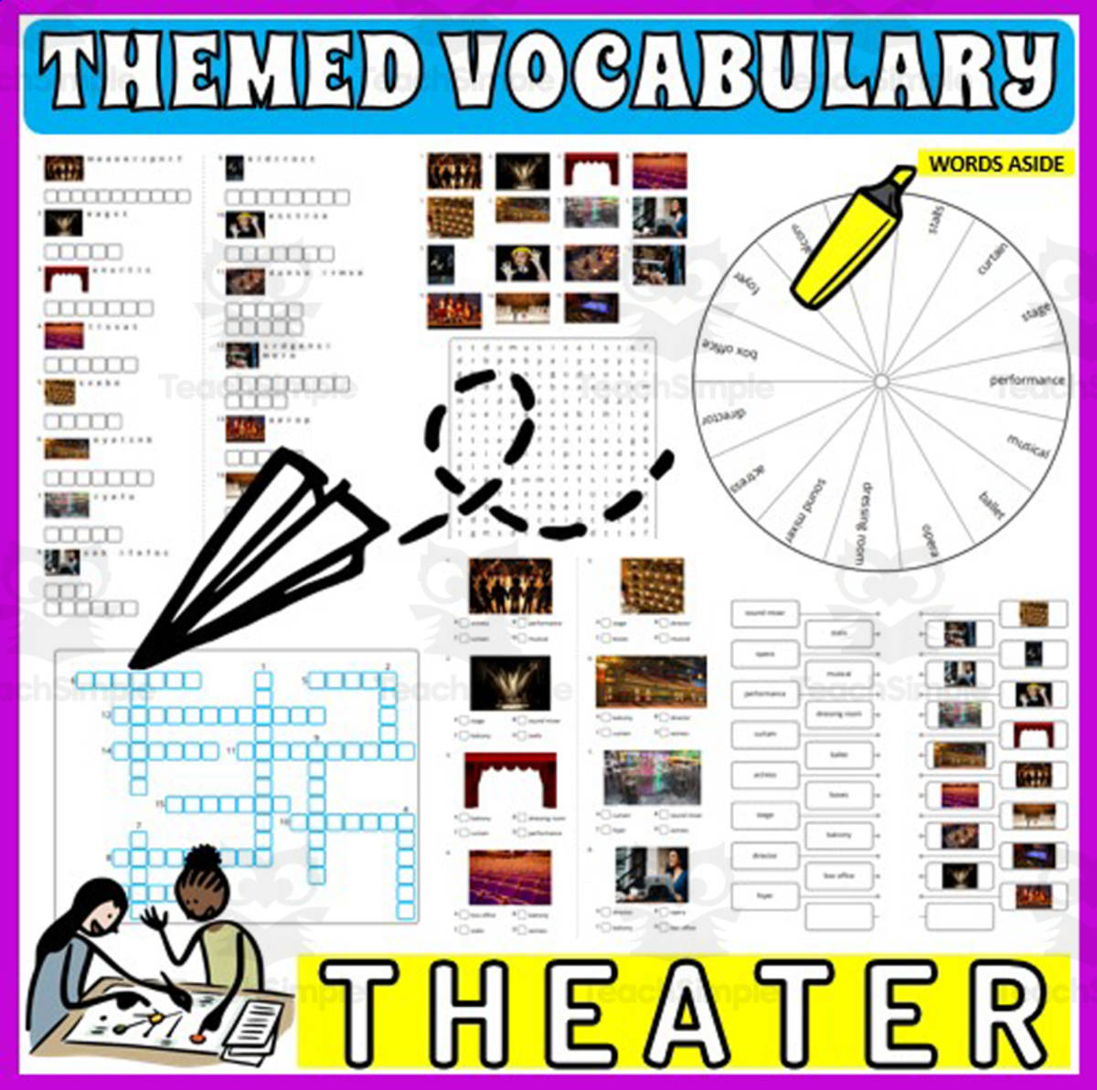 An educational teaching resource from WORDS ASIDE entitled Vocabulary with Cards | Crossword Wordsearch Anagram THEATER downloadable at Teach Simple.