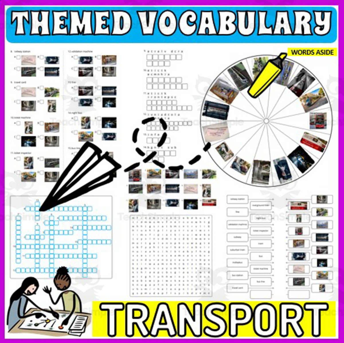 An educational teaching resource from WORDS ASIDE entitled Vocabulary with Cards | Crossword Wordsearch Anagram TRANSPORTATION downloadable at Teach Simple.