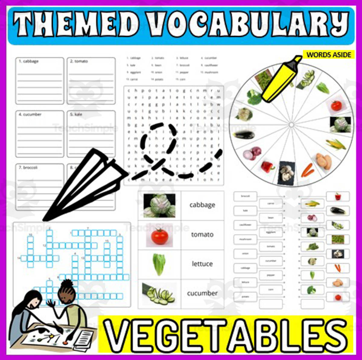 An educational teaching resource from WORDS ASIDE entitled Vocabulary with Cards | Crossword Wordsearch Anagram VEGETABLES downloadable at Teach Simple.