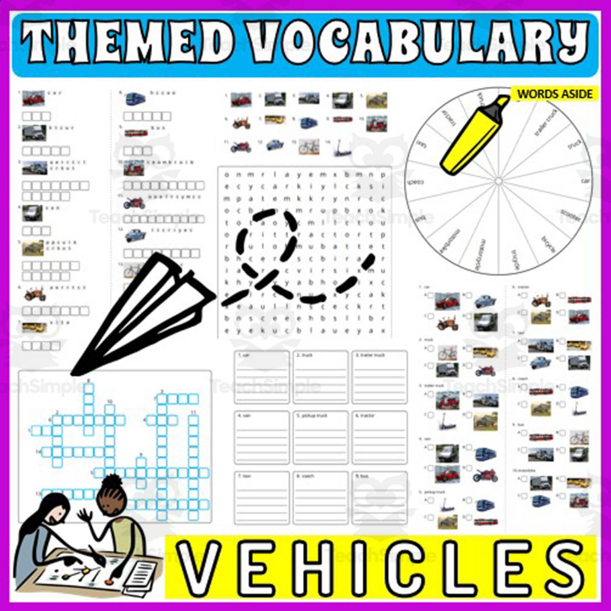 An educational teaching resource from WORDS ASIDE entitled Vocabulary with Cards | Crossword Wordsearch Anagram VEHICLES downloadable at Teach Simple.