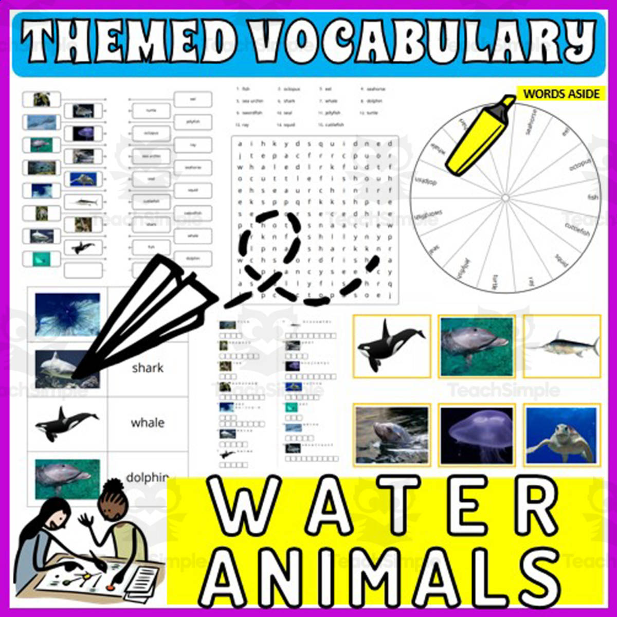 An educational teaching resource from WORDS ASIDE entitled Vocabulary with Cards | Crossword Wordsearch Anagram WATER ANIMALS downloadable at Teach Simple.