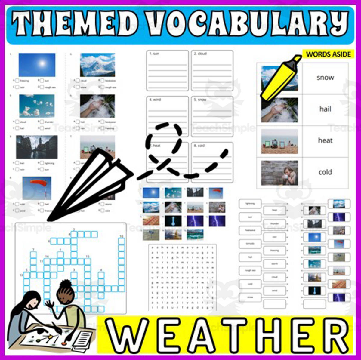 An educational teaching resource from WORDS ASIDE entitled Vocabulary with Cards | Crossword Wordsearch Anagram WEATHER downloadable at Teach Simple.