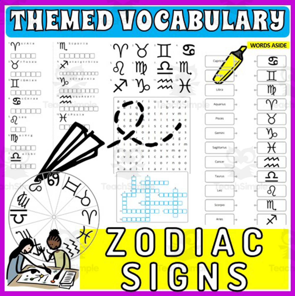 An educational teaching resource from WORDS ASIDE entitled Vocabulary with Cards | Crossword Wordsearch Anagram ZODIAC SIGNS downloadable at Teach Simple.