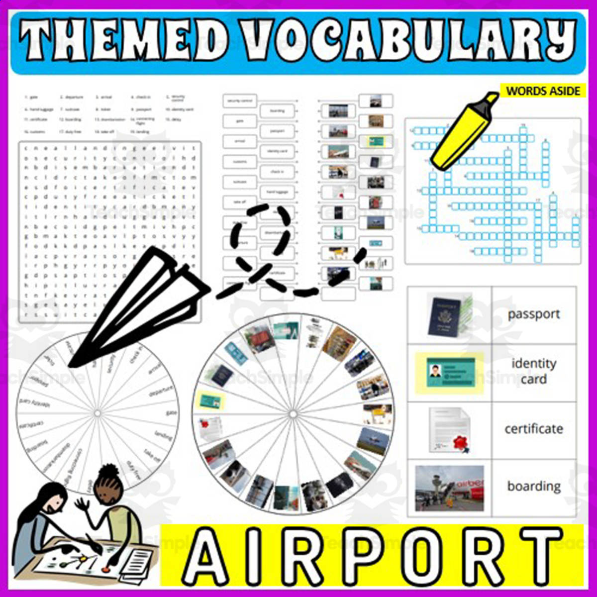 An educational teaching resource from WORDS ASIDE entitled Vocabulary with Flash Cards | Crossword Wordsearch Anagram AIRPORT downloadable at Teach Simple.