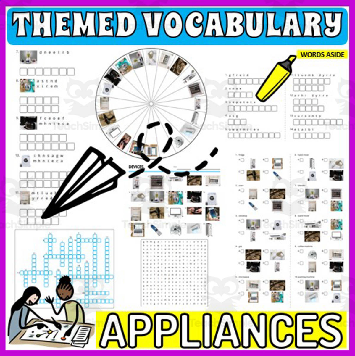 An educational teaching resource from WORDS ASIDE entitled Vocabulary with Flash Cards | Crossword Wordsearch Anagram APPLIANCES downloadable at Teach Simple.