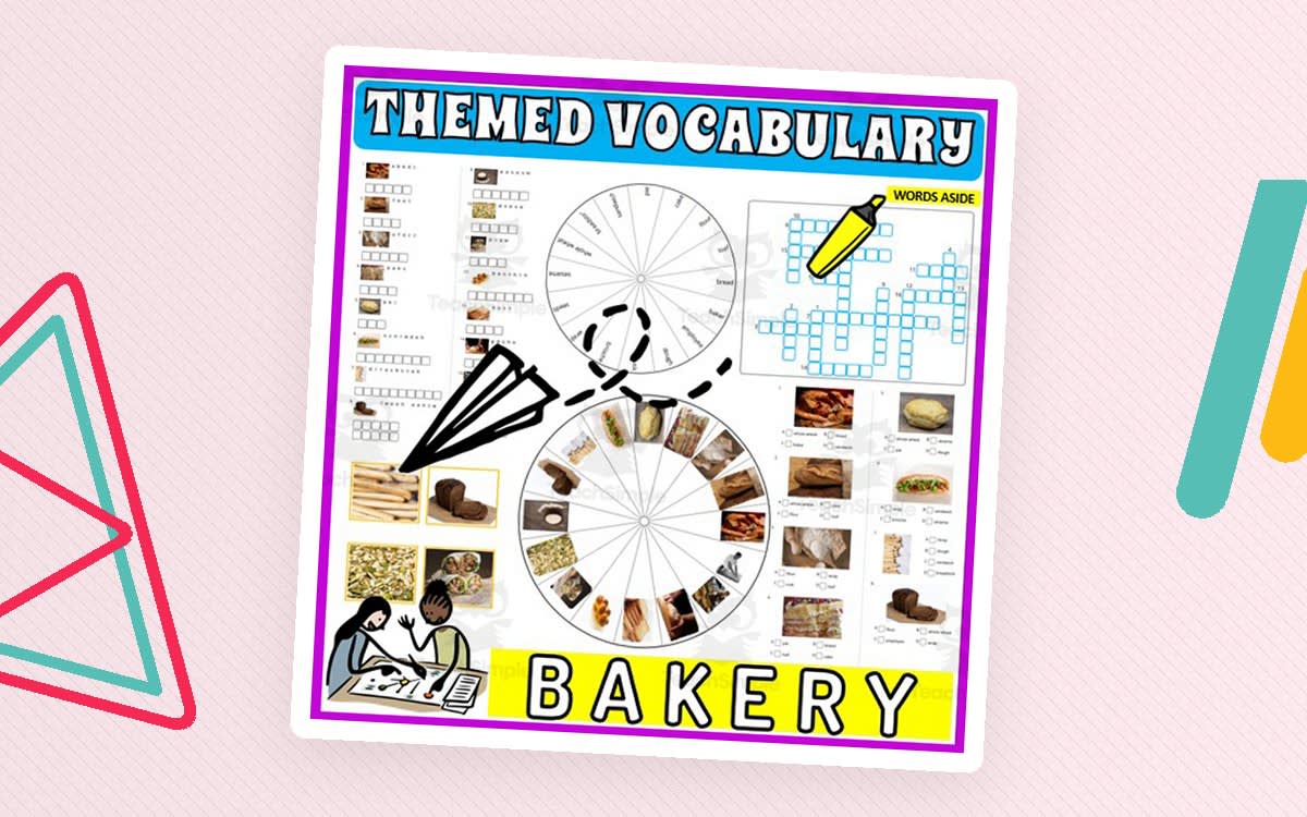An educational teaching resource from WORDS ASIDE entitled Vocabulary with Flash Cards | Crossword Wordsearch Anagram BAKERY downloadable at Teach Simple.
