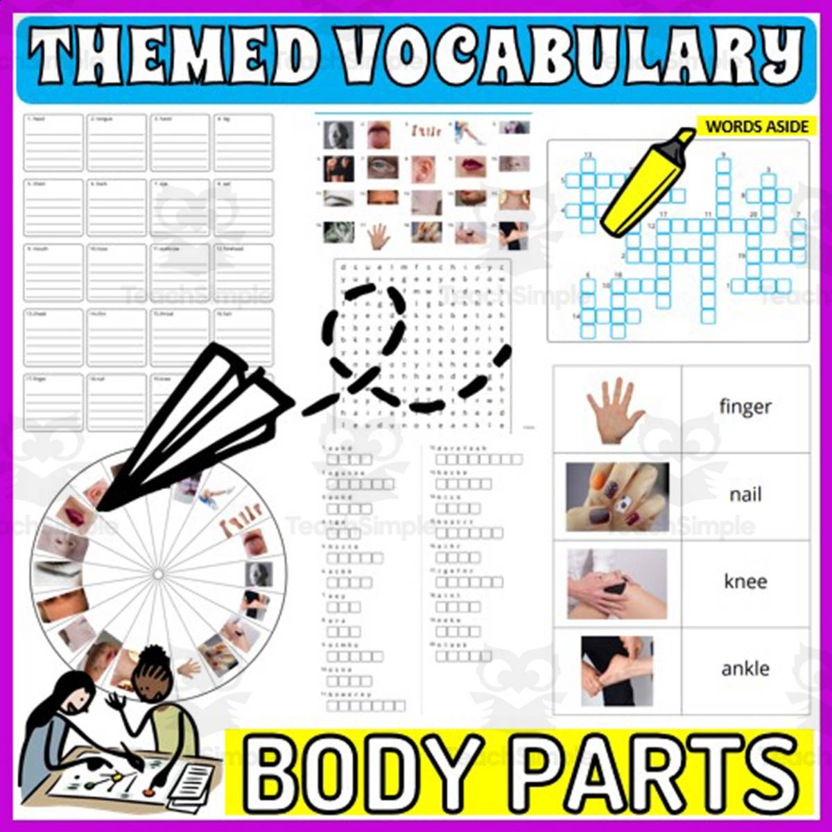 An educational teaching resource from WORDS ASIDE entitled Vocabulary with Flash Cards | Crossword Wordsearch Anagram BODY PARTS downloadable at Teach Simple.