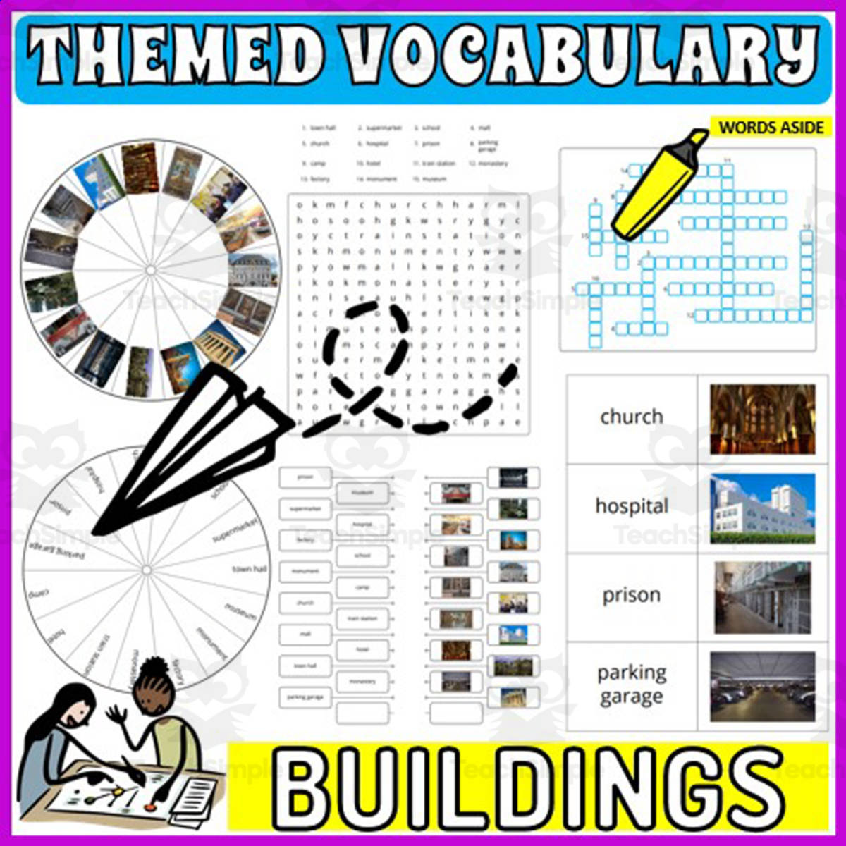 An educational teaching resource from WORDS ASIDE entitled Vocabulary with Flash Cards | Crossword Wordsearch Anagram BUILDINGS downloadable at Teach Simple.