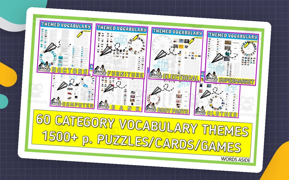 An educational teaching resource from WORDS ASIDE entitled Vocabulary with Flash Cards | Crossword Wordsearch Anagram BUNDLE downloadable at Teach Simple.