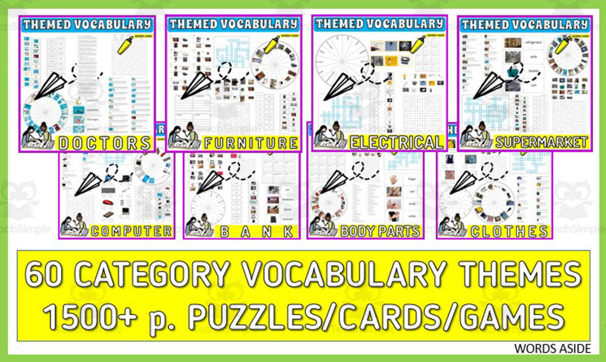 An educational teaching resource from WORDS ASIDE entitled Vocabulary with Flash Cards | Crossword Wordsearch Anagram BUNDLE downloadable at Teach Simple.