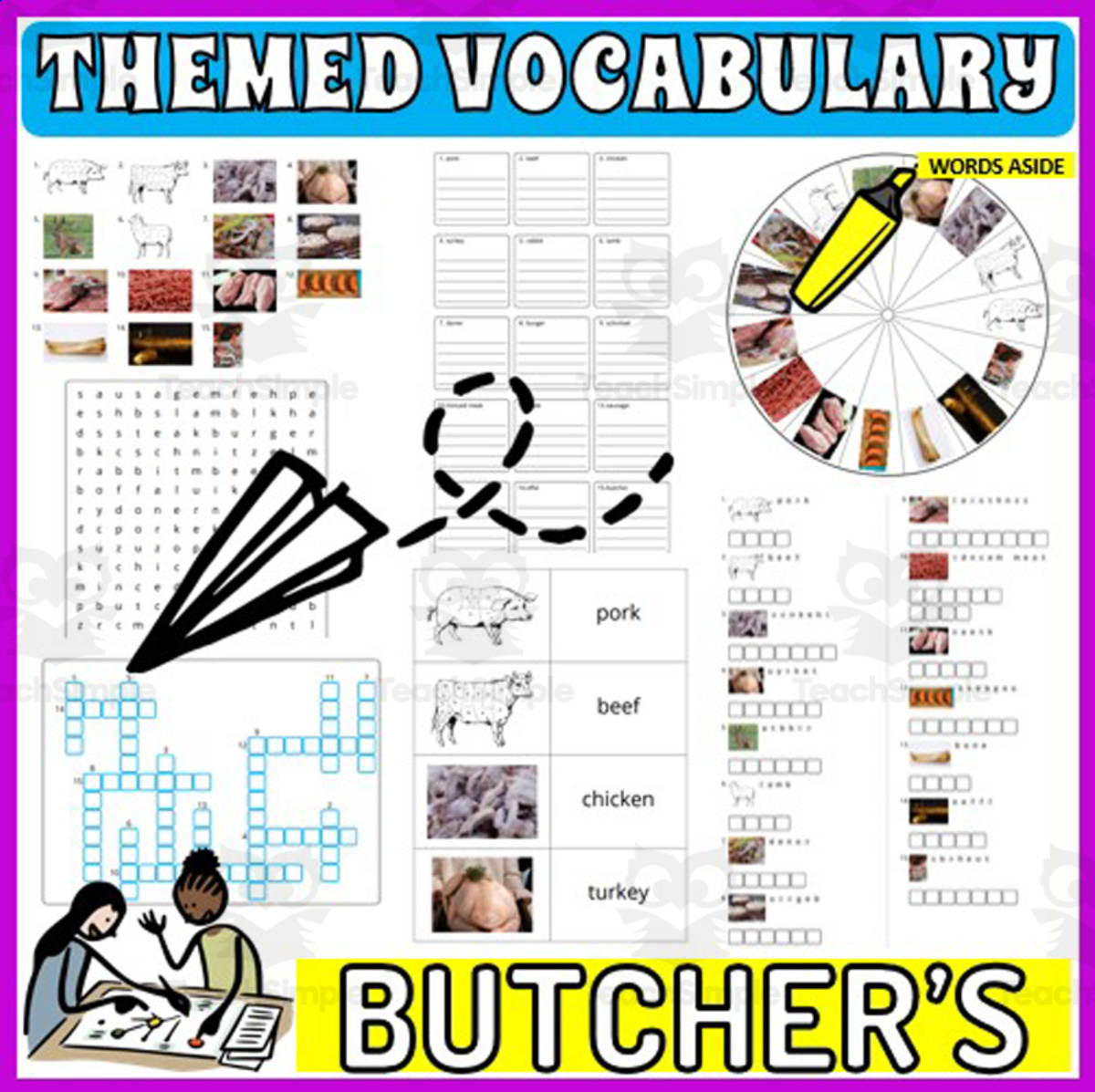 An educational teaching resource from WORDS ASIDE entitled Vocabulary with Flash Cards | Crossword Wordsearch Anagram BUTCHER downloadable at Teach Simple.