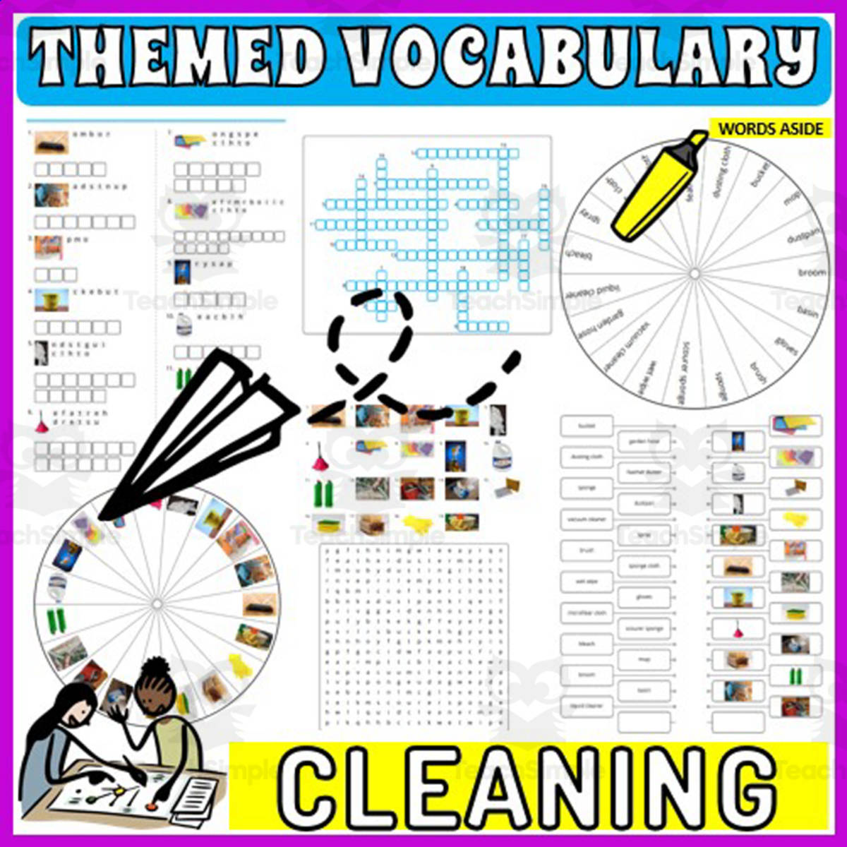 An educational teaching resource from WORDS ASIDE entitled Vocabulary with Flash Cards | Crossword Wordsearch Anagram CLEANING downloadable at Teach Simple.