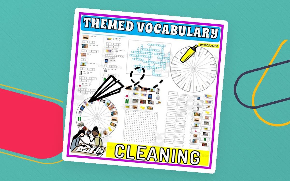 An educational teaching resource from WORDS ASIDE entitled Vocabulary with Flash Cards | Crossword Wordsearch Anagram CLEANING downloadable at Teach Simple.