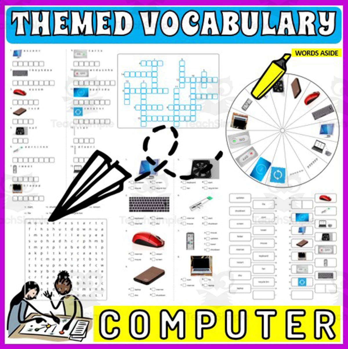 An educational teaching resource from WORDS ASIDE entitled Vocabulary with Flash Cards | Crossword Wordsearch Anagram COMPUTER downloadable at Teach Simple.