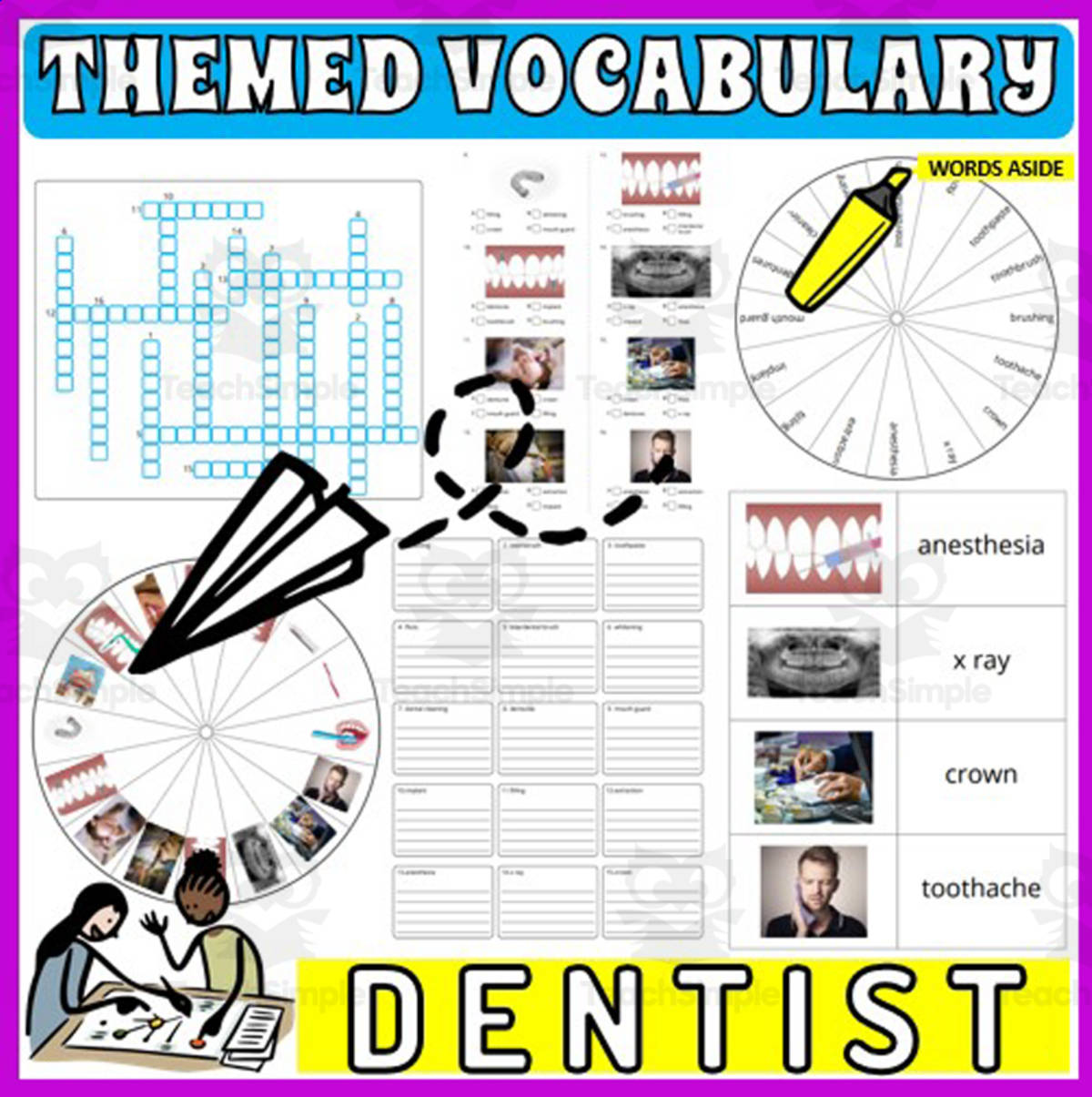An educational teaching resource from WORDS ASIDE entitled Vocabulary with Flash Cards | Crossword Wordsearch Anagram DENTIST downloadable at Teach Simple.