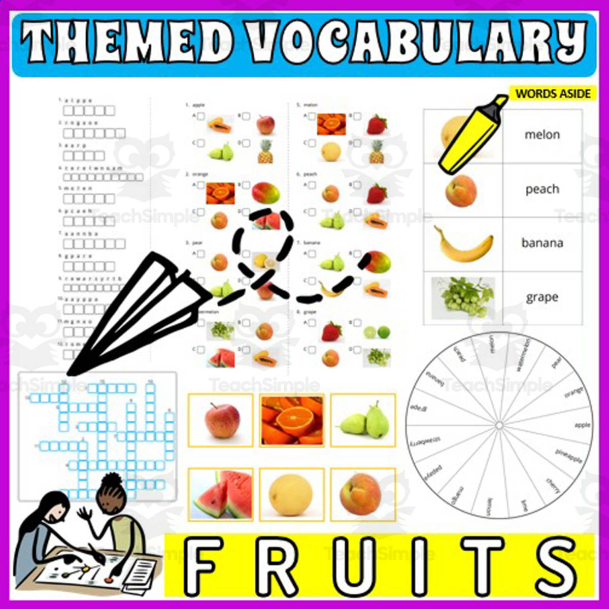 An educational teaching resource from WORDS ASIDE entitled Vocabulary with Flash Cards | Crossword Wordsearch Anagram FRUITS downloadable at Teach Simple.