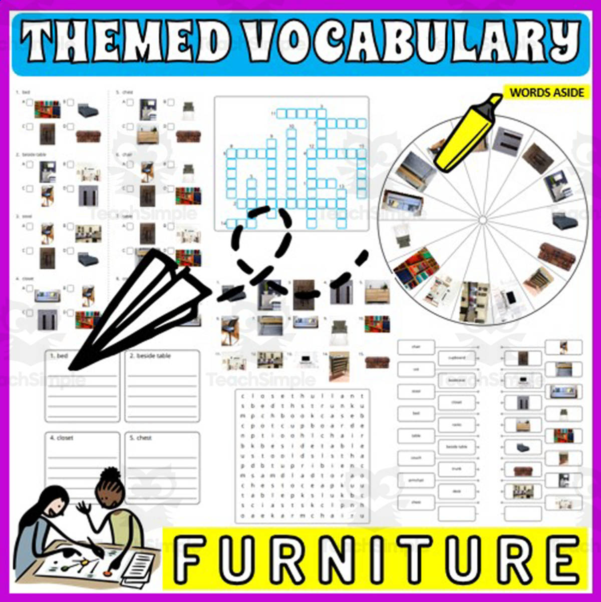 An educational teaching resource from WORDS ASIDE entitled Vocabulary with Flash Cards | Crossword Wordsearch Anagram FURNITURE downloadable at Teach Simple.