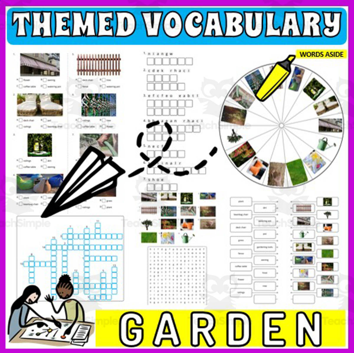 An educational teaching resource from WORDS ASIDE entitled Vocabulary with Flash Cards | Crossword Wordsearch Anagram GARDEN downloadable at Teach Simple.