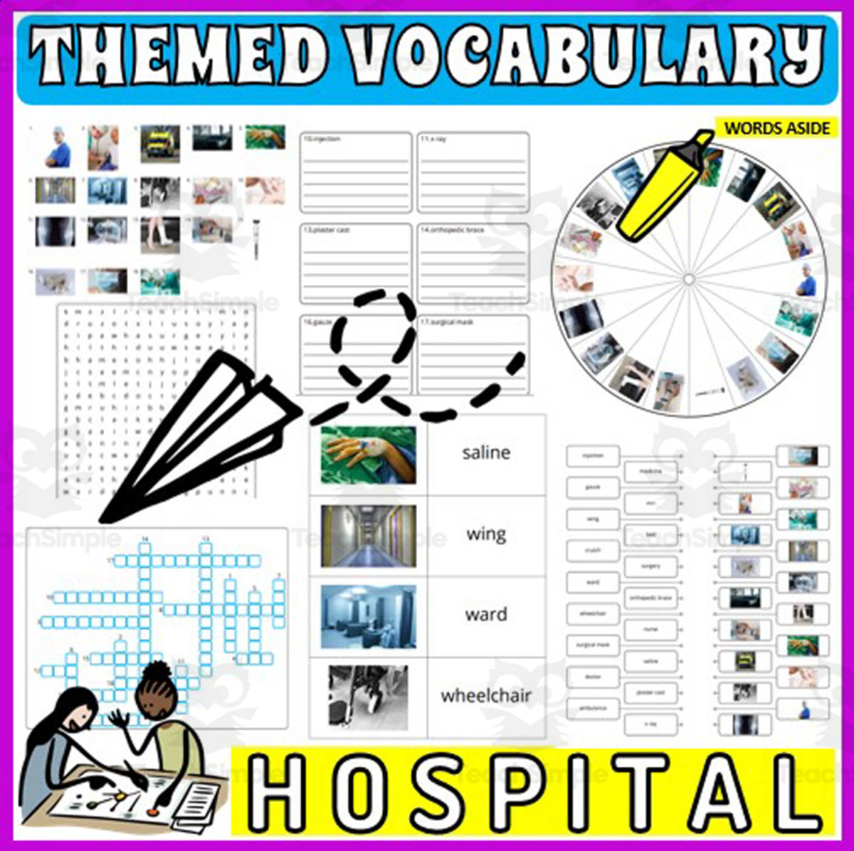 An educational teaching resource from WORDS ASIDE entitled Vocabulary with Flash Cards | Crossword Wordsearch Anagram HOSPITAL downloadable at Teach Simple.