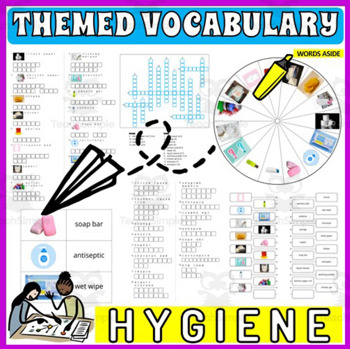 An educational teaching resource from WORDS ASIDE entitled Vocabulary with Flash Cards | Crossword Wordsearch Anagram HYGIENE downloadable at Teach Simple.