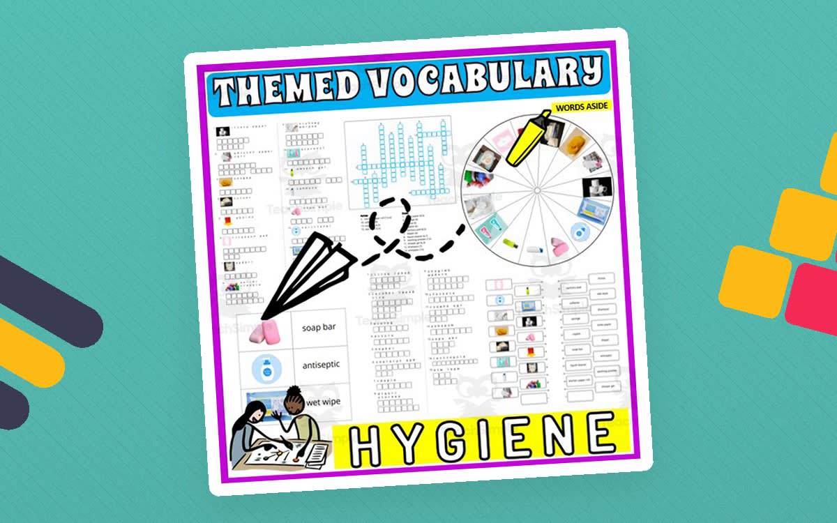An educational teaching resource from WORDS ASIDE entitled Vocabulary with Flash Cards | Crossword Wordsearch Anagram HYGIENE downloadable at Teach Simple.