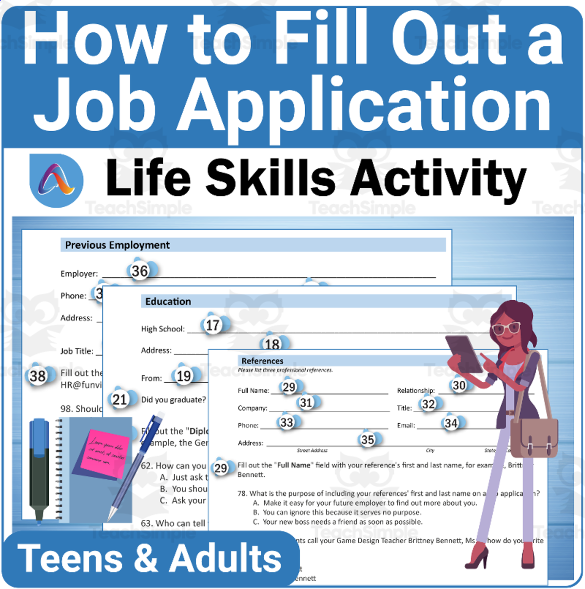 An educational teaching resource from Adulting Life Skills Resources entitled Vocational Skills Activity: How to Fill Out a Job Application downloadable at Teach Simple.