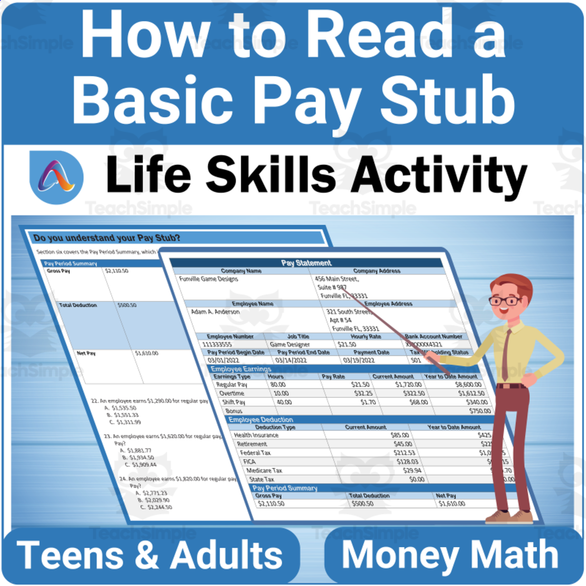 An educational teaching resource from Adulting Life Skills Resources entitled Vocational Skills Activity: How to Read a Basic Pay Stub downloadable at Teach Simple.
