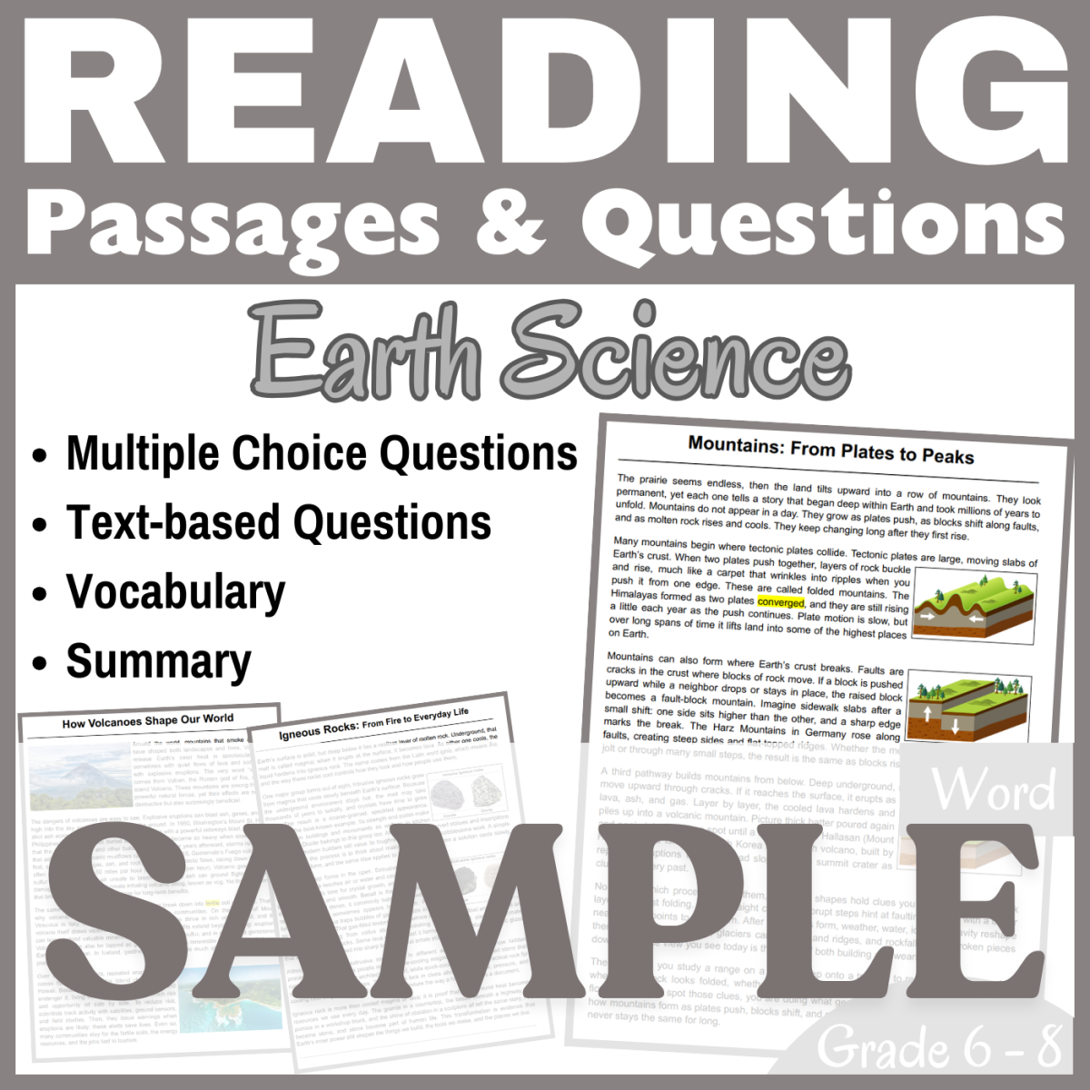 An educational teaching resource from CORED Education - Middle & High School entitled Volcanoes, Rocks, & Mountains: SAMPLE Reading Passage (Word) downloadable at Teach Simple.