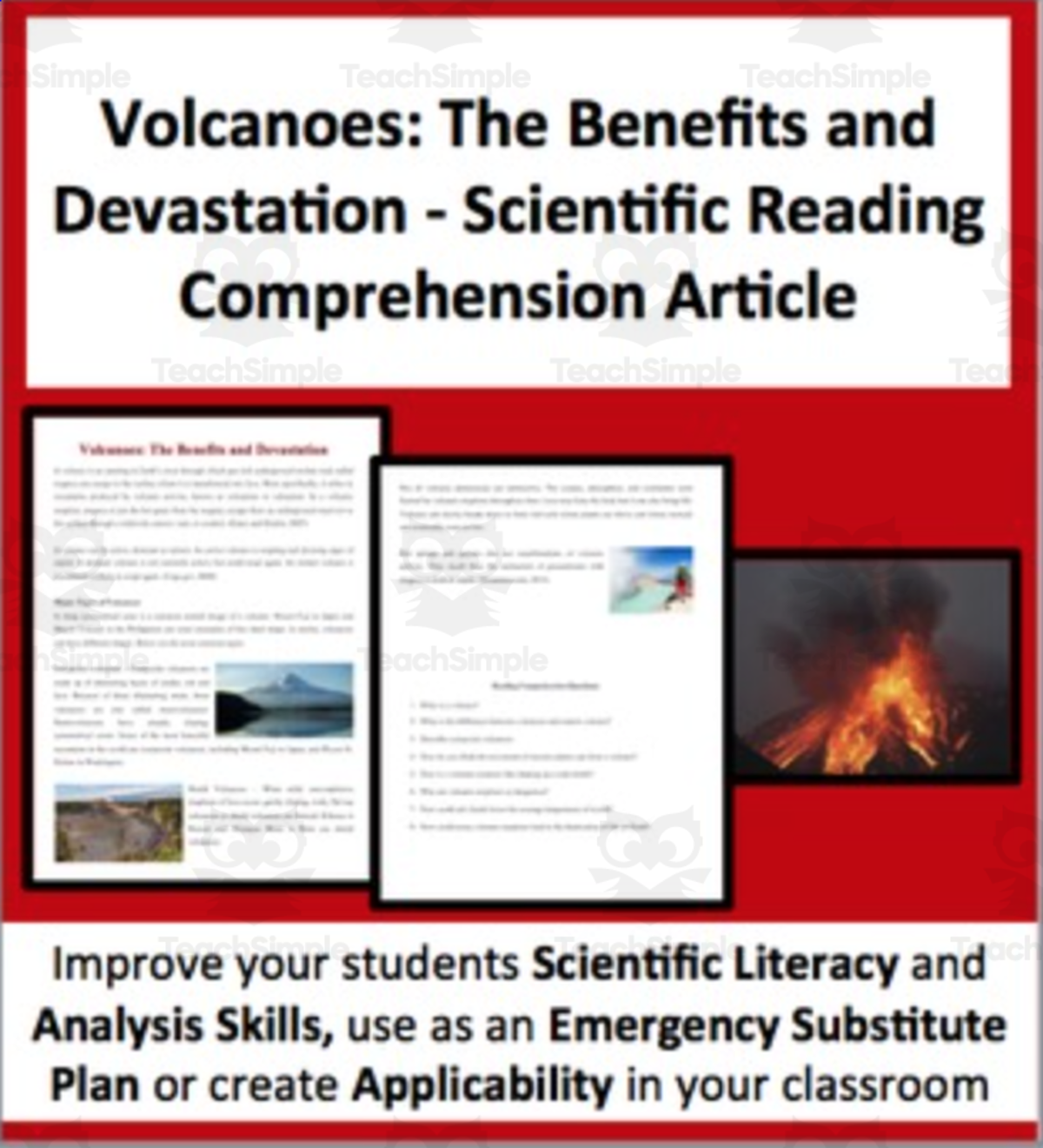 An educational teaching resource from Teach With Fergy entitled Volcanoes: The Benefits and Devastation - Science Reading Comprehension downloadable at Teach Simple.