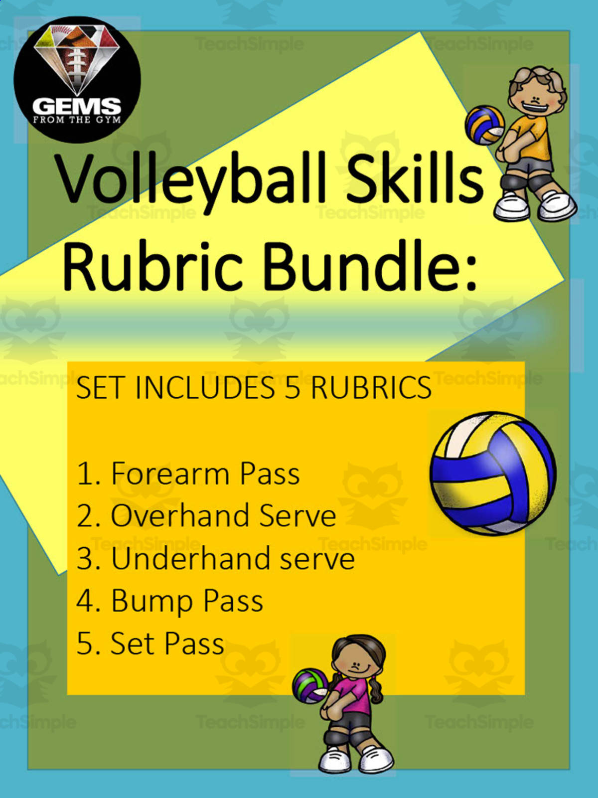 An educational teaching resource from Gems from the Gym entitled Volleyball Skills Rubric Bundle downloadable at Teach Simple.