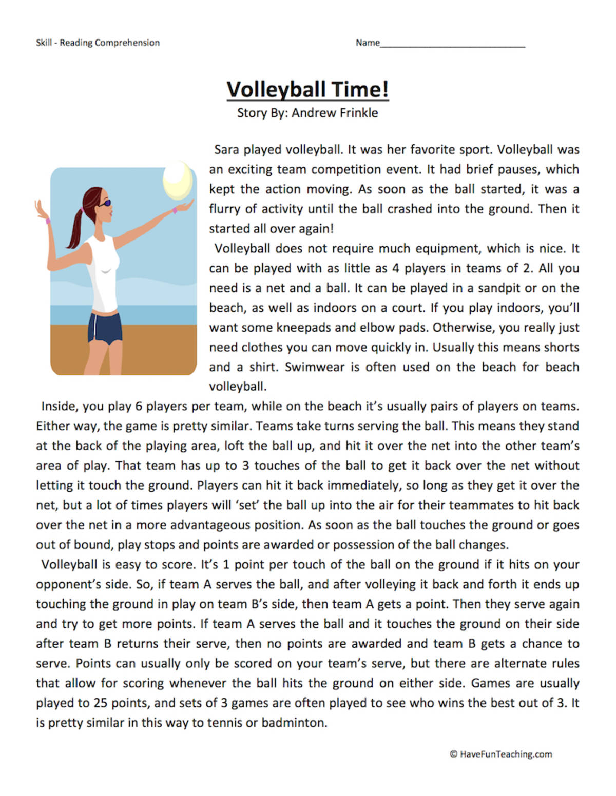 An educational teaching resource from Have Fun Teaching entitled Volleyball Time Reading Comprehension Worksheet downloadable at Teach Simple.