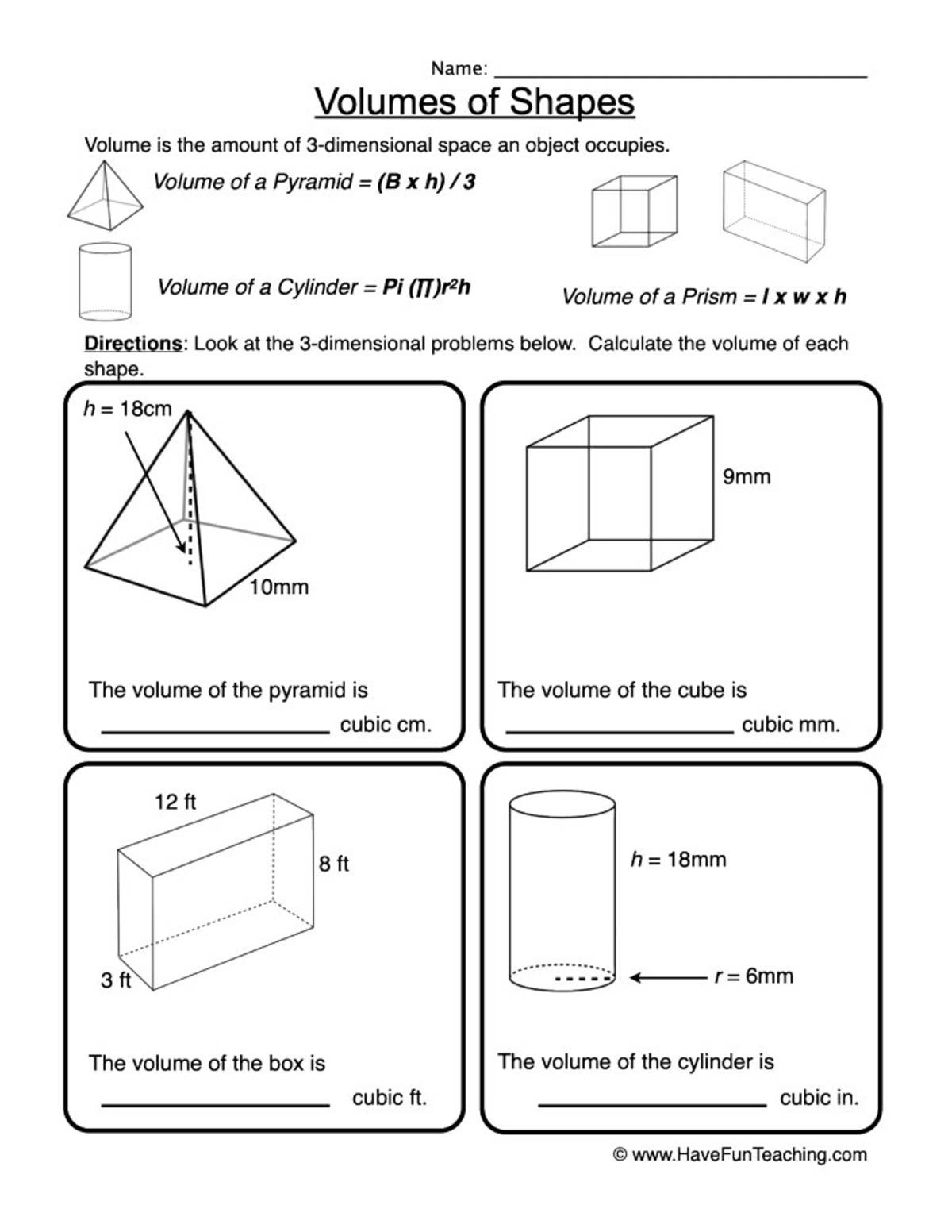 An educational teaching resource from Have Fun Teaching entitled Volume of 3D Shapes Worksheet downloadable at Teach Simple.