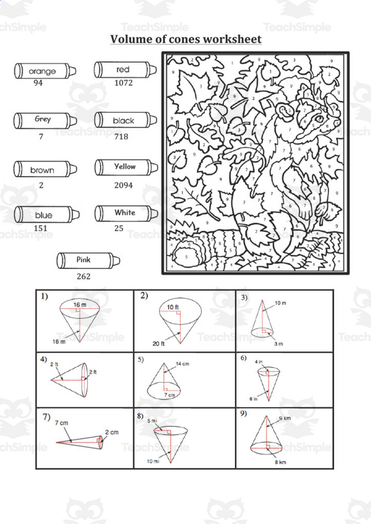 An educational teaching resource from Mrs. B Secondary Math entitled Volume of Cones Color by Number Activity downloadable at Teach Simple.