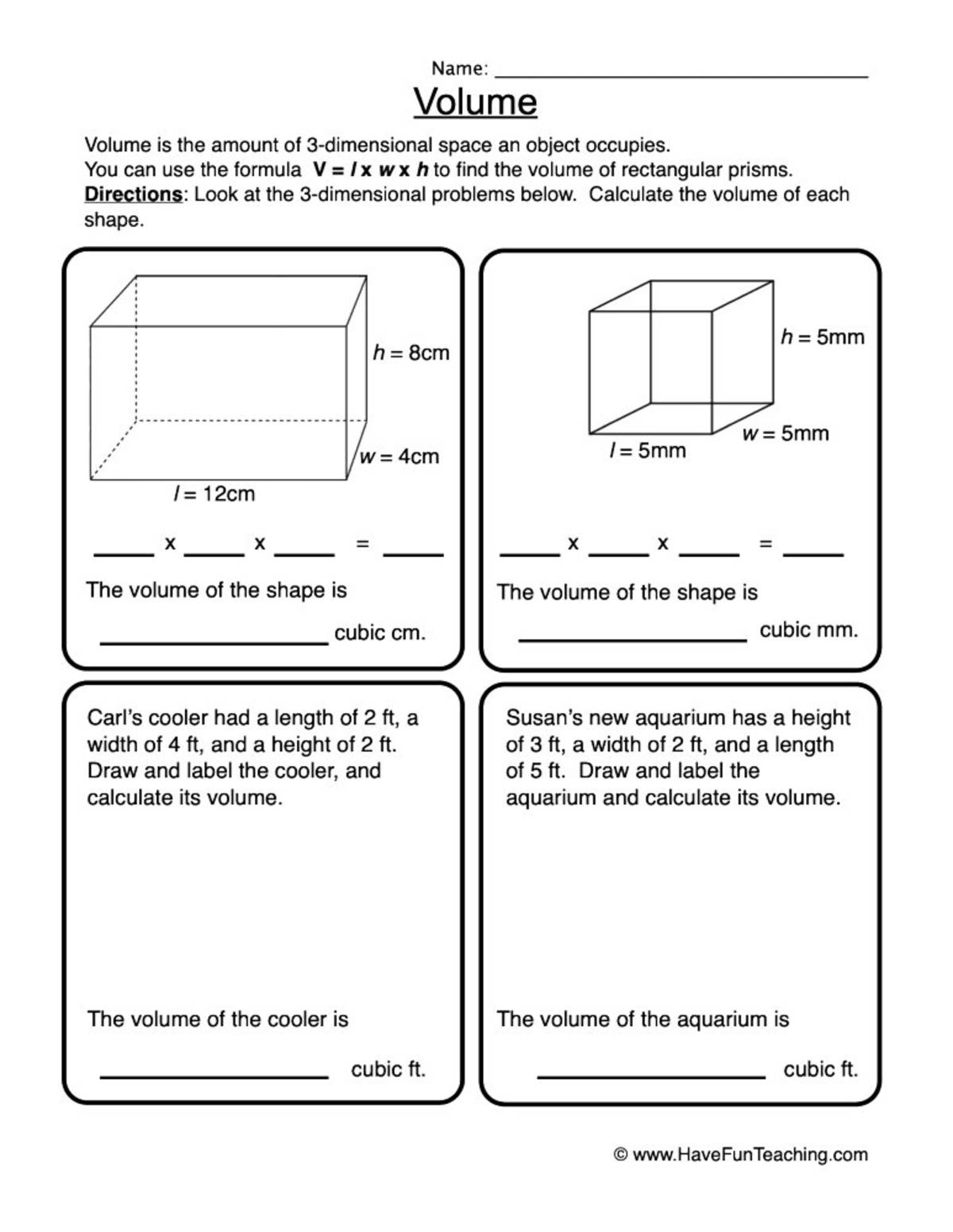 An educational teaching resource from Have Fun Teaching entitled Volume Rectangular Prisms Worksheet downloadable at Teach Simple.