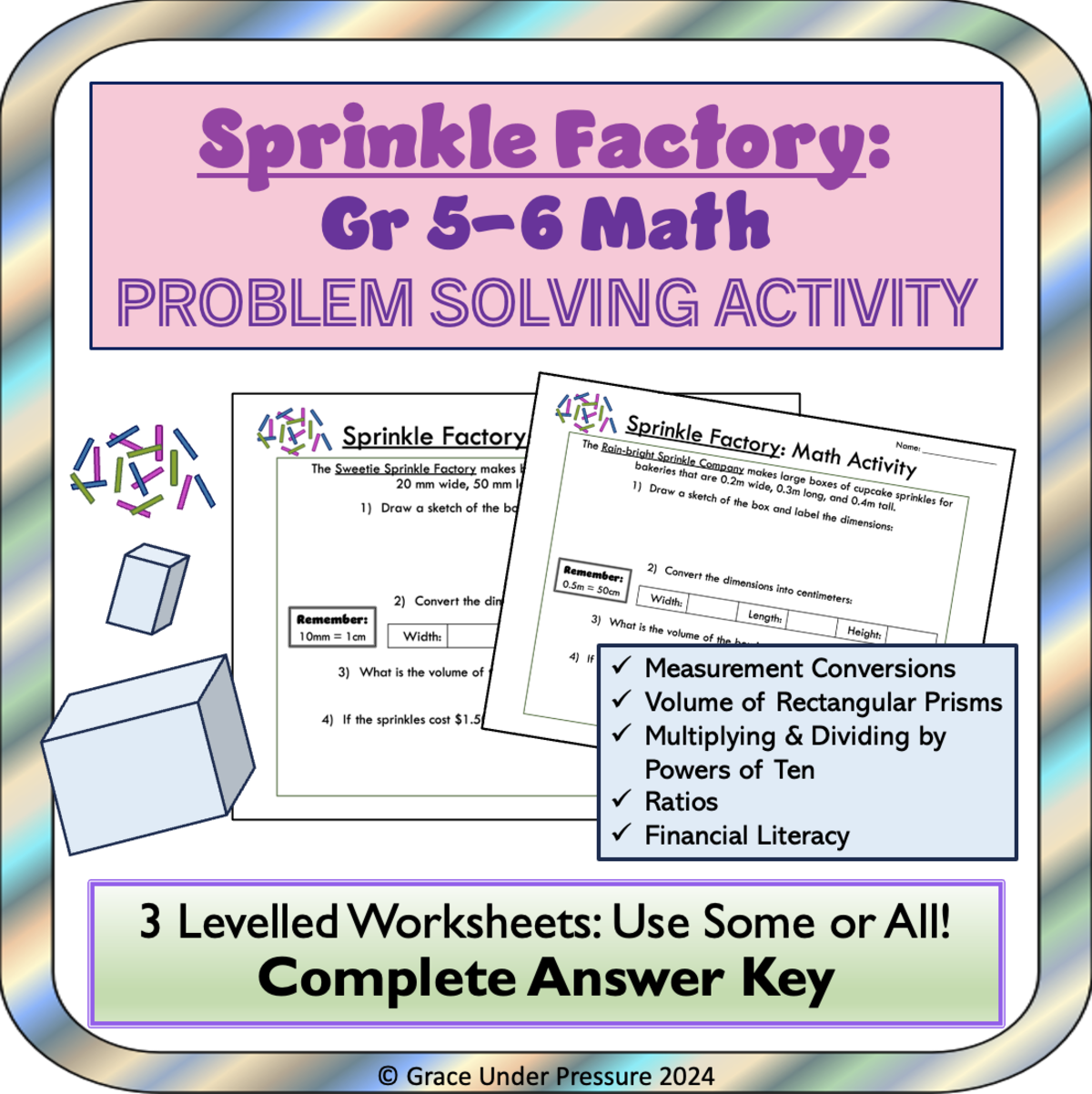 An educational teaching resource from Grace Under Pressure entitled Volume Word Problems: Sprinkle Factory Grade 5 & 6 Conversions, Ratios downloadable at Teach Simple.