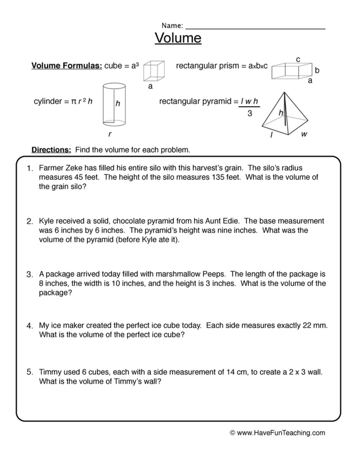 An educational teaching resource from Have Fun Teaching entitled Volume Word Problems Worksheet downloadable at Teach Simple.