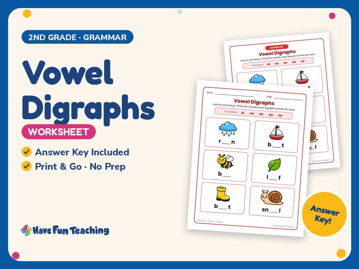 Vowel Digraphs Worksheet – 2nd Grade Vowels Practice + Answer Key preview
