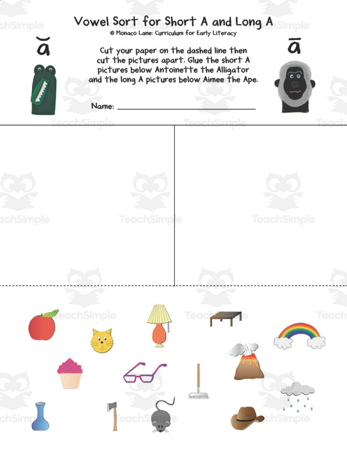 An educational teaching resource from Monaco Lane Curriculum for Early Literacy entitled Vowel Sort with Pictures Worksheet downloadable at Teach Simple.