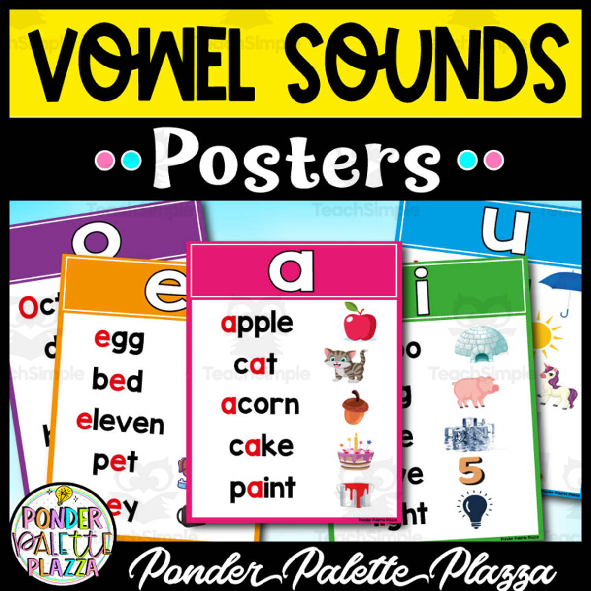 An educational teaching resource from Ponder Palette Plazza entitled Vowel Sounds Posters - Classroom Decor downloadable at Teach Simple.