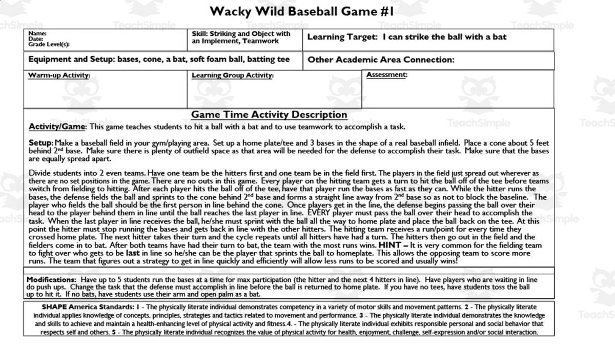 An educational teaching resource from Gems from the Gym entitled Wacky Wild Baseball Game downloadable at Teach Simple.