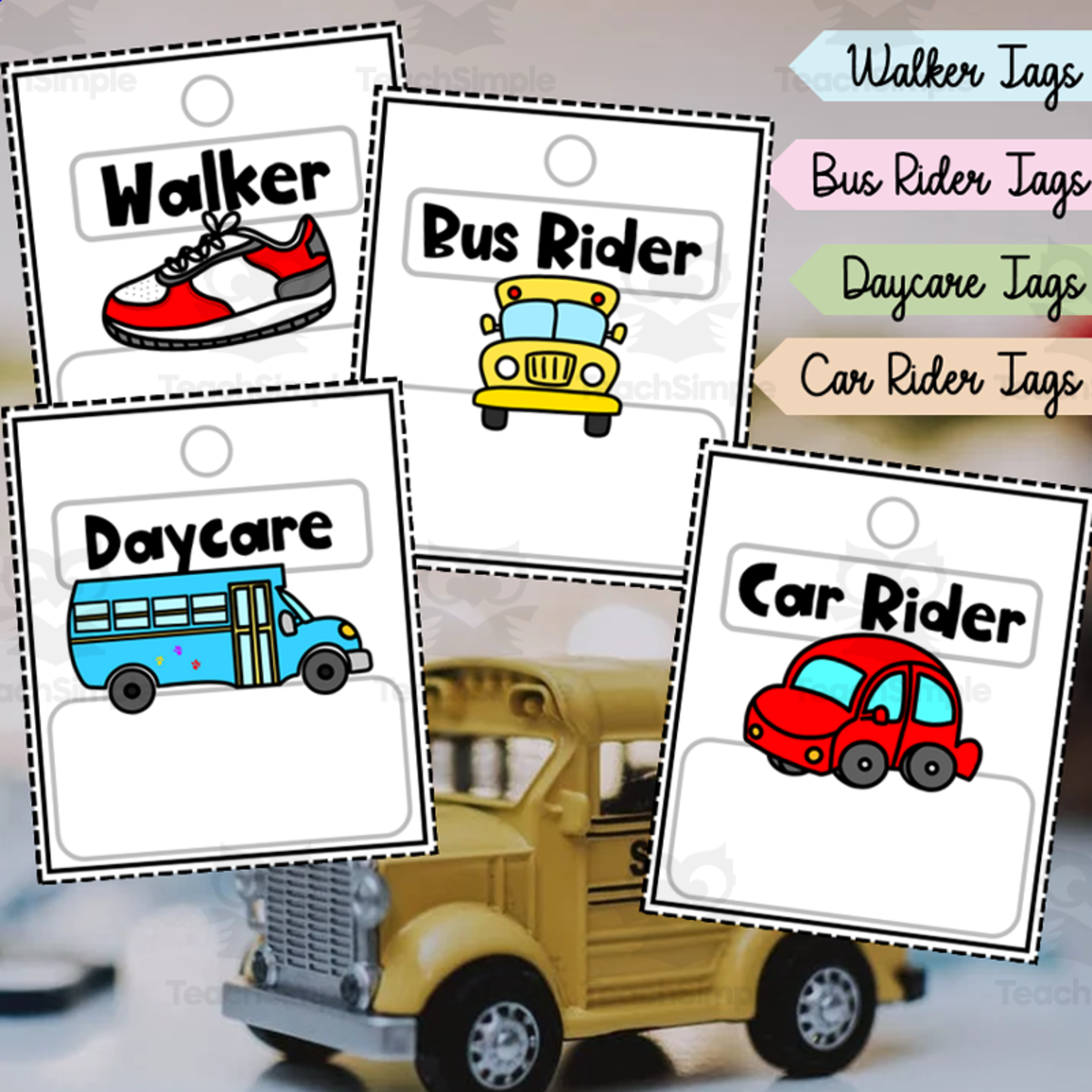 An educational teaching resource from Soumara Siddiqui entitled Walker Car Rider Bus Rider Daycare Tags downloadable at Teach Simple.