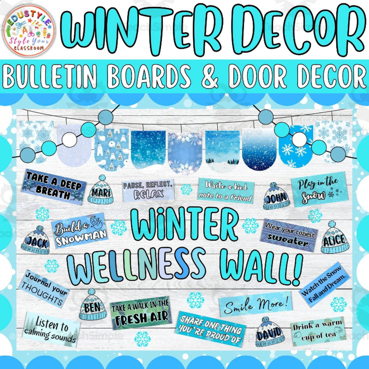 An educational teaching resource from Style Your Classroom entitled Wallness Bulletin Board Kit | SEL, Self-Care & Mental Health Decor ki downloadable at Teach Simple.